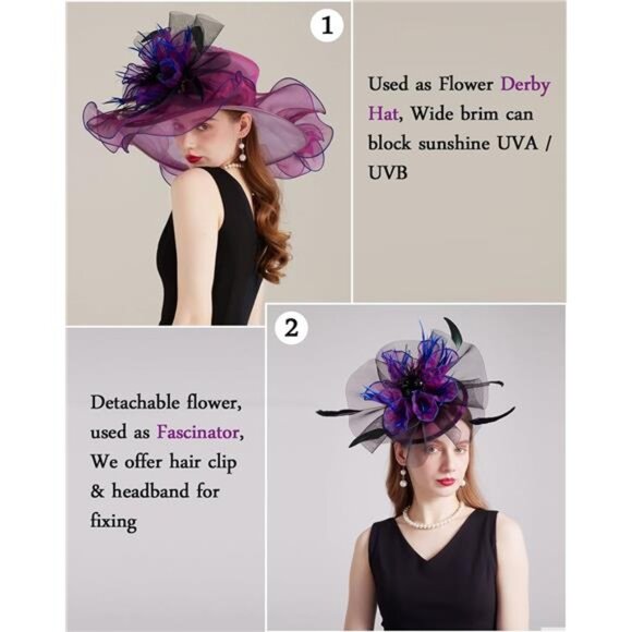 Women Organza Church Tea Party Hats Floral Deep Purple main image 5